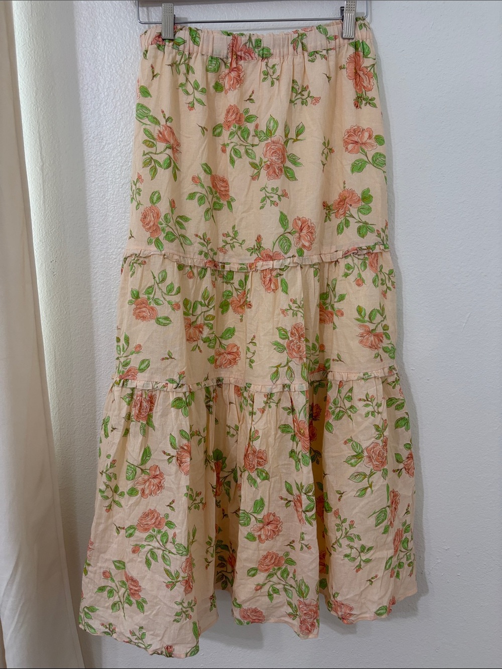 Tiered Floral Midi Skirt in Peach and Green